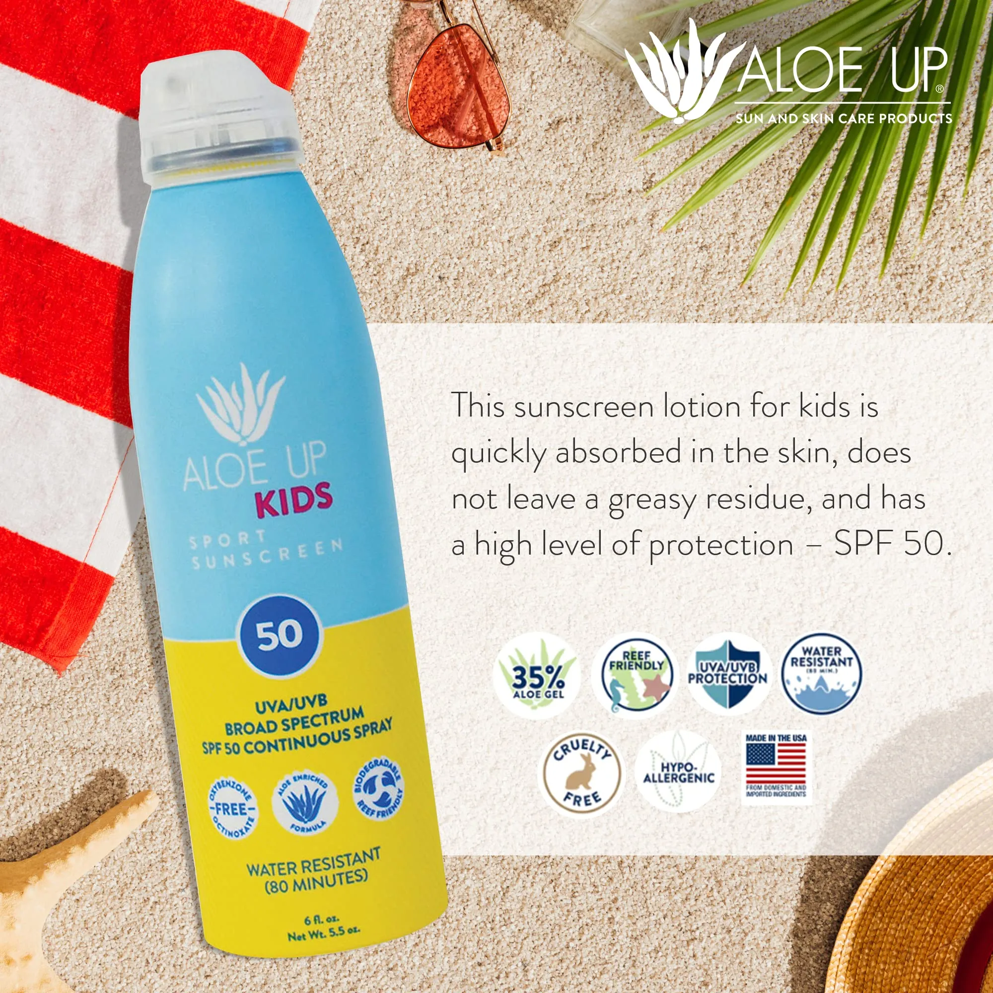Aloe Up Kids Continuous Sport Sunscreen Spray SPF 50 - Broad Spectrum Sheer Face and Body Sunscreen Protector for Sensitive Skin - With Aloe Vera Gel - Dries Fast - Reef Safe - Fragrance-Free - 6 Oz