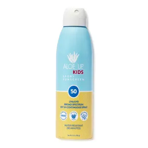 Aloe Up Kids Continuous Sport Sunscreen Spray SPF 50 - Broad Spectrum Sheer Face and Body Sunscreen Protector for Sensitive Skin - With Aloe Vera Gel - Dries Fast - Reef Safe - Fragrance-Free - 6 Oz