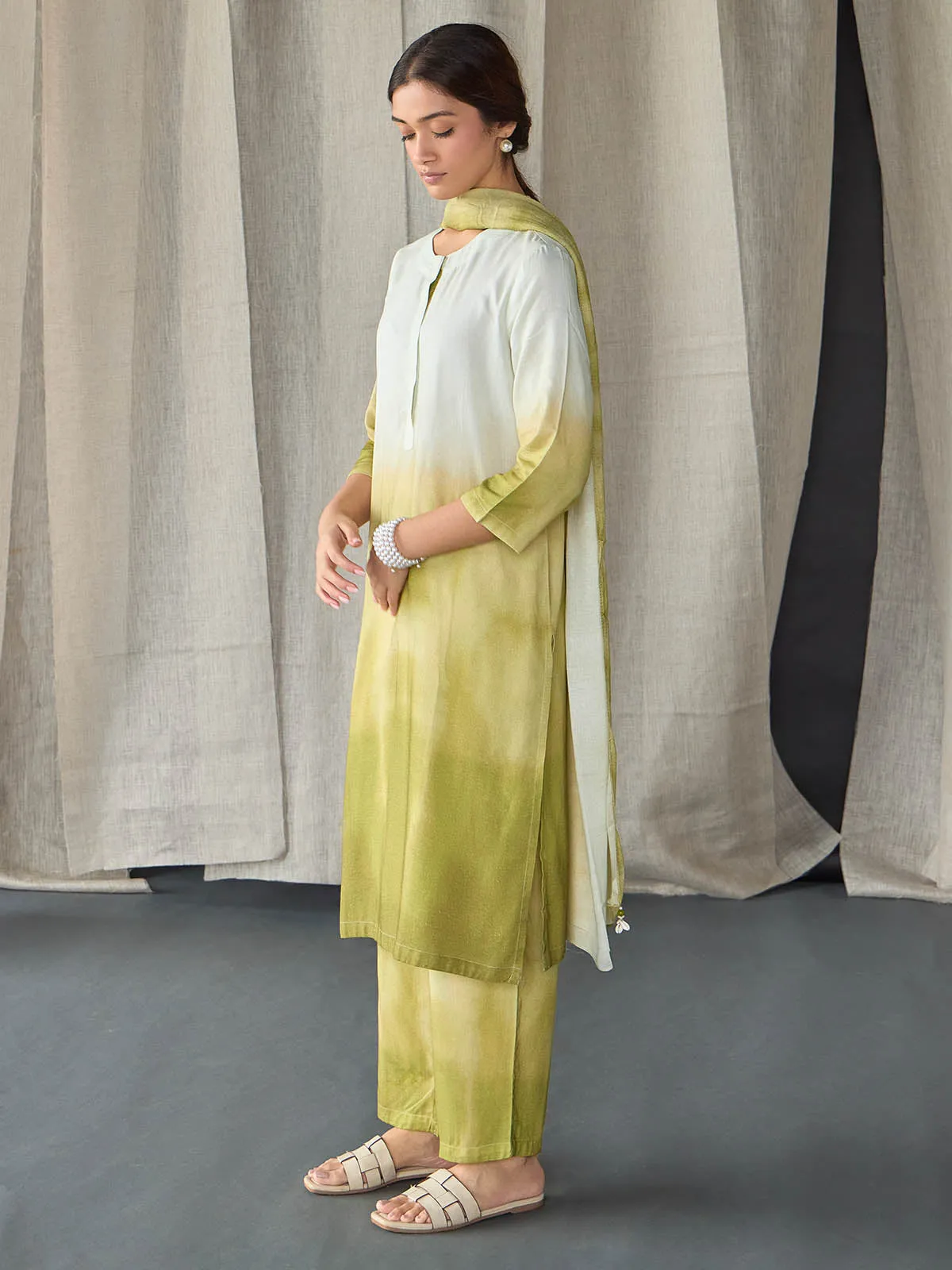 Olive Ombre Linen Kurta Set